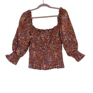 House of Harlow 1960 Floral Smocked Puff Sleeve Blouse Prairie Terracotta XL